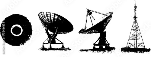 Grunge linocut set of ship and eye with satellite antennas and communication tower