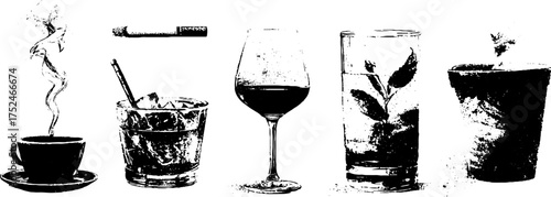 Vintage linocut beverage art collection for rustic design and decor