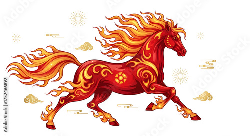 Galloping red fire horse with flaming mane and tail