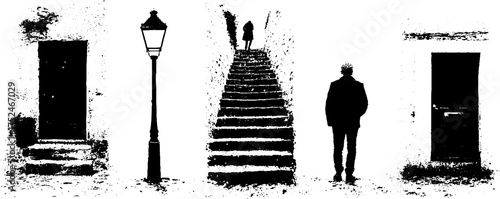 Urban exploration scene with streetlight and figures in grunge linocut style for art and design projects