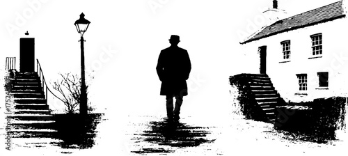 Vintage urban scene linocut with streetlight and silhouette