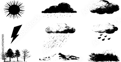 Grunge linocut collection: sun, clouds, lightning, and nature elements for vintage designs