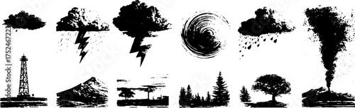 Weather elements and nature scenery linocut illustration set for design and decor