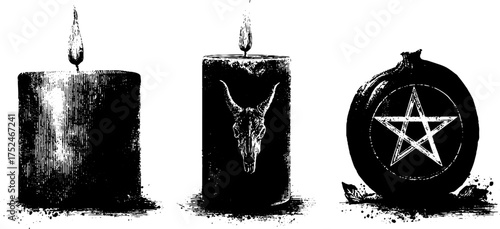 Mystical linocut candle and pentacle design for boho and woodland decor