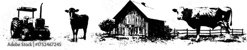 Rural farm life linocut illustration set: tractor, barn, and cattle silhouettes