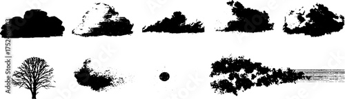 Grunge black and white linocut illustration set of clouds waves and tree silhouettes for artistic design