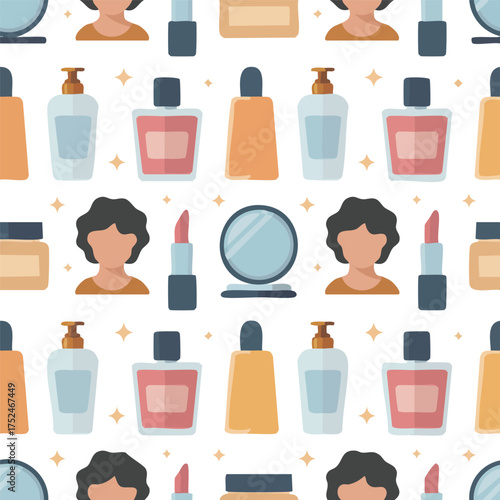 Seamless vector pattern with flat cosmetic and beauty product icons. Endless background with makeup, skincare, and perfume for self-care routine design