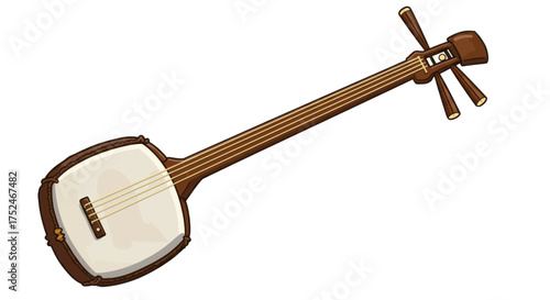 Traditional Japanese Shamisen musical instrument illustration, a three-stringed lute with a square body and long neck