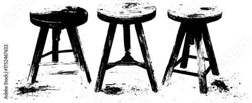Grunge stencil set of bar stools - vintage black and white design for rustic decor
