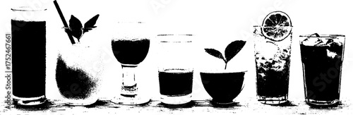 Black and white grunge stencil illustrations of beer and coffee beverages for rustic decor