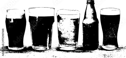 Black and white grunge beer glasses and bottle set for vintage design
