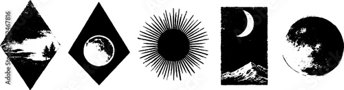 Grunge stencil diamond illustration set with celestial and nature themes for artistic design