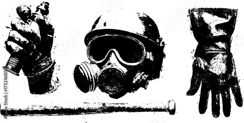 Grunge stencil set featuring gas mask and protective equipment for industrial safety design
