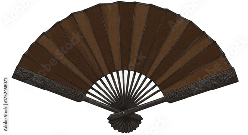 Elegant Dark Brown Folding Fan with Intricate Black Detailing, a Classic Accessory