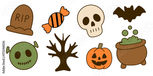 Cartoon halloween set with cute elements. Zombie, skull, bat, candy and pumpkin.