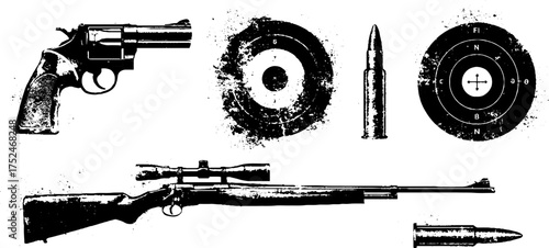 Black and white grunge stencil illustrations of revolver, rifle, target, and bullets for design