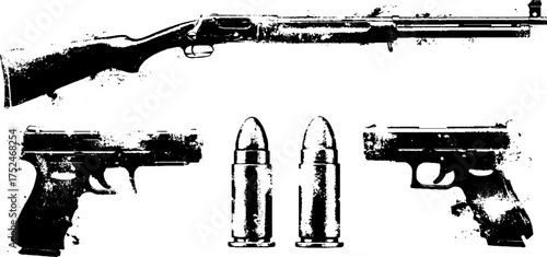 Grunge stencil design featuring rifles and ammunition for vintage prints