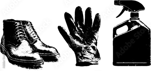 Black and white grunge stencil illustration of spray can, gloves, and boots for vintage design