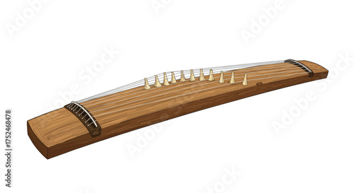 Illustration of a traditional Japanese koto musical instrument with a wooden body and strings