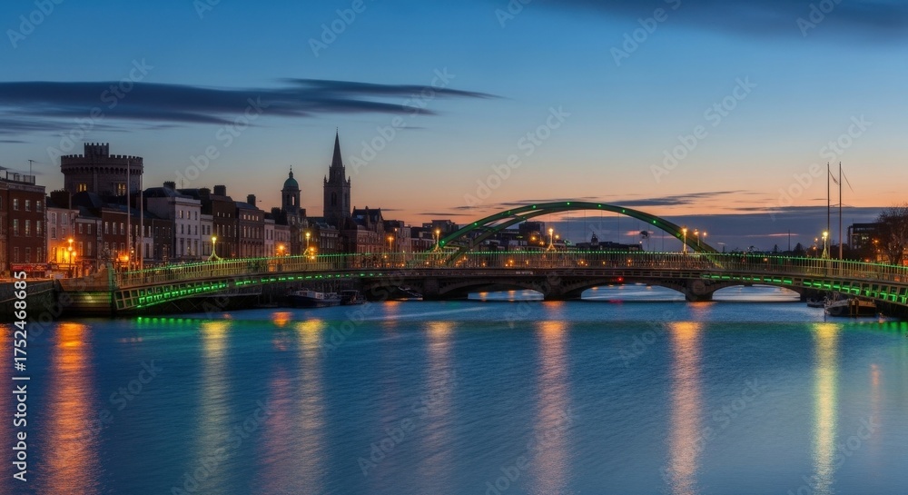 Fototapeta premium Dublin at Dusk Scenic River Liffey Ireland Bridge Over Water Evening City Lights Urban Landscape European Cityscape Travel Destination Tranquil Irish Charm