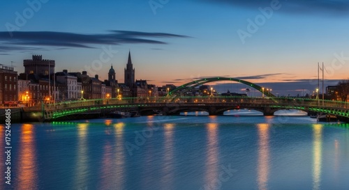 Dublin at Dusk Scenic River Liffey Ireland Bridge Over Water Evening City Lights Urban Landscape European Cityscape Travel Destination Tranquil Irish Charm