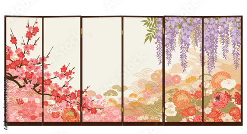 Japanese Style Art Panel With Cherry Blossoms And Wisteria Flowers