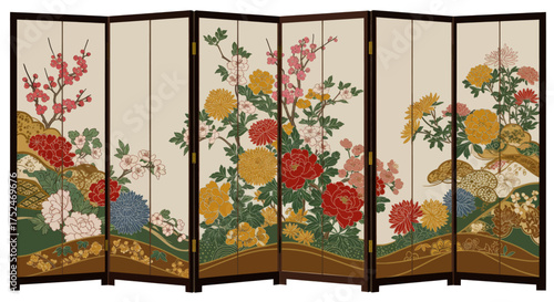 Traditional Japanese Folding Screen with Vibrant Floral Motifs and Elegant Design