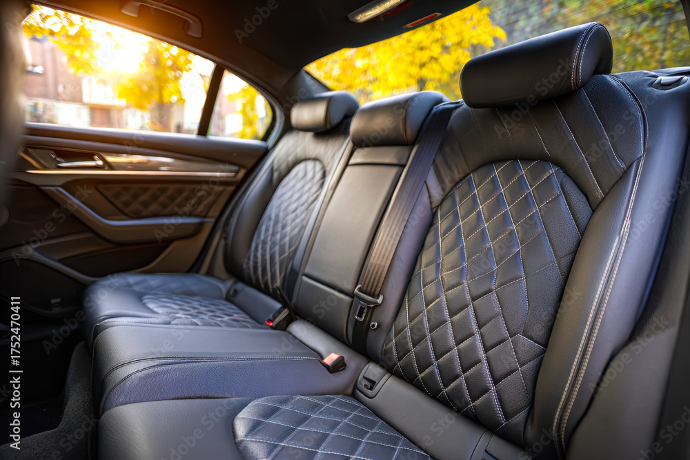 Obraz premium Luxurious black leather car backseat with diamond quilted pattern