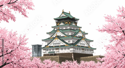 Japanese Castle Surrounded by Pink Cherry Blossoms in Bloom