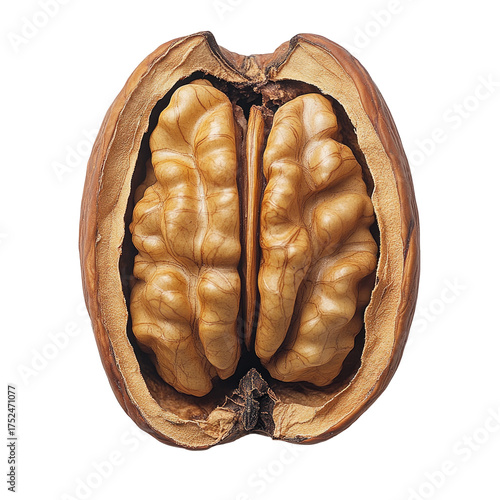 Symmetrical, cracked walnut showing the nutmeat, revealing the inner texture