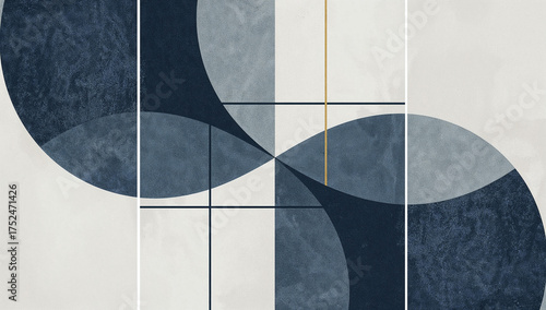 Modern Bauhaus-inspired geometric triptych featuring circles and lines in muted navy, gray, and metallic gold tones. Clean, structured, and balanced, this artwork captures timeless design principles.
