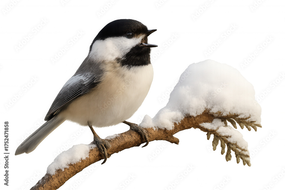 Naklejka premium Black-capped chickadee bird singing on a snow-covered branch during winter, transparent background