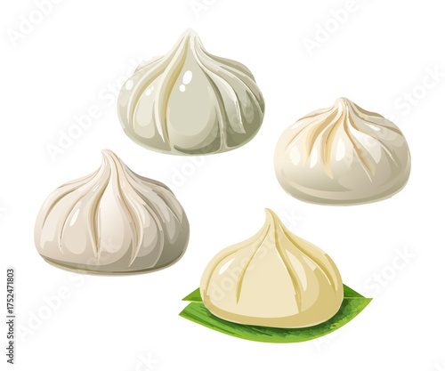 Four steamed dumplings, possibly baozi or dim sum, with pleated tops, one resting on a green leaf, on a white background.