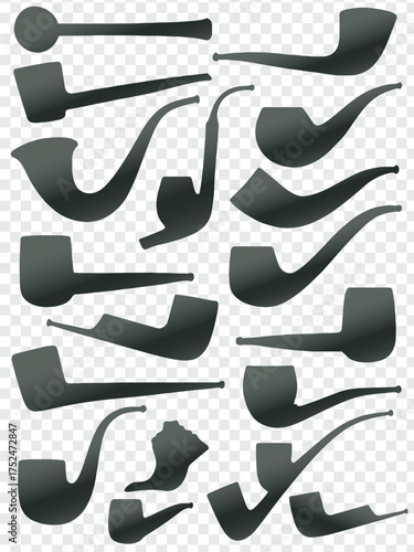 Black Silhouettes of Classic Smoking Pipes Vector Icons.