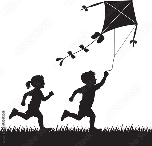 Children Silhouettes Running with a Kite in a Grassy Field kids playing