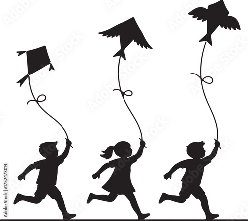 Children silhouettes running with bird-shaped kites bird kite