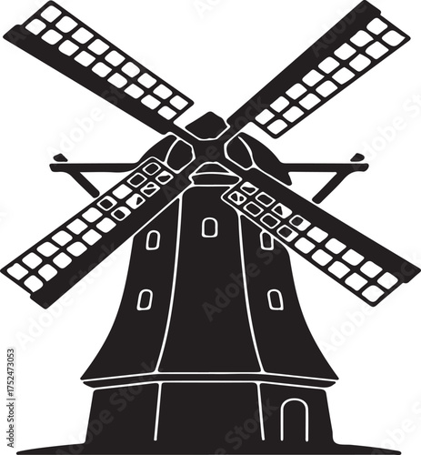 Dutch Windmill Silhouette with Four Blades Isolated on White Keywords: windmill, dutch, holland