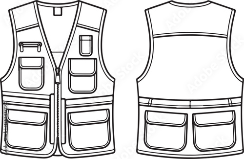Front and Back View Line Art of a Multi- Pocketed Utility Vest fishing hunting