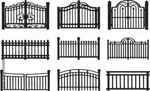 Nine Black Silhouettes of Ornate and Simple Wrought Iron Gates and Fences decorative