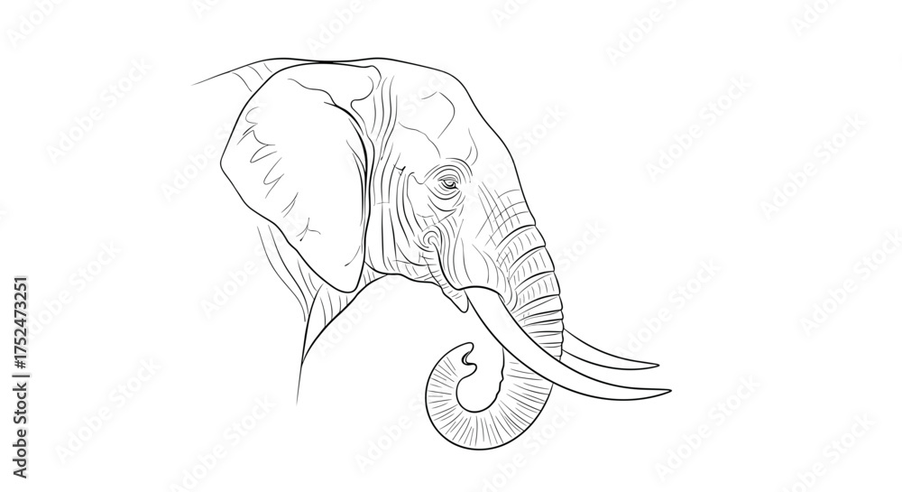 Obraz premium Detailed line drawing of an elephant head with prominent tusks and large ears