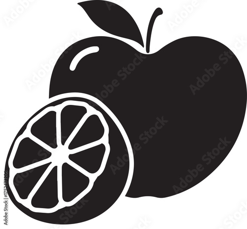 Black and white fruit icon with apple and orange