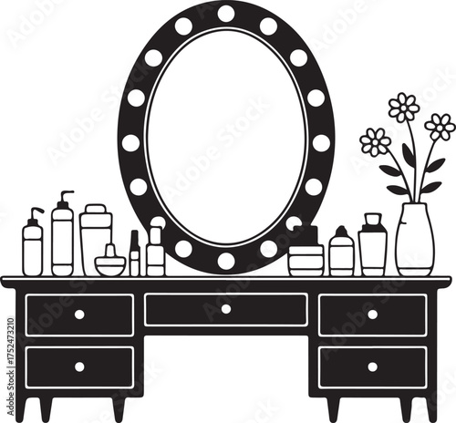 Vanity Table with Mirror and Makeup Bottles Silhouette dresser beauty