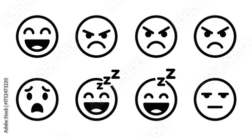 Collection of eight different facial expressions in simple black outline style