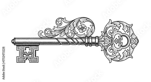 Intricate vintage key with ornate floral designs and detailed craftsmanship