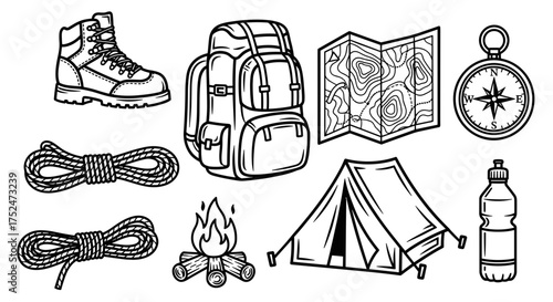 Illustration of camping gear including a boot backpack map compass and tent