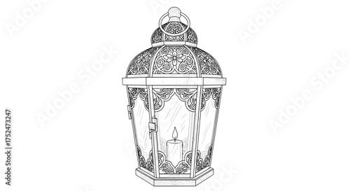 Illustration of an ornate metal lantern with a lit candle inside on white background