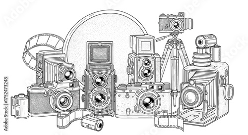Collection of vintage cameras and film rolls arranged in a detailed drawing style