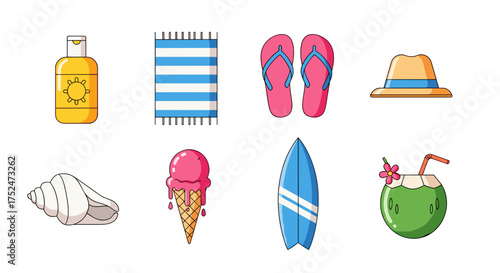 Illustration of beach essentials including sunscreen, towel and surfboard items