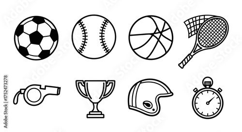 Collection of various sports equipment and accessories in black and white line art