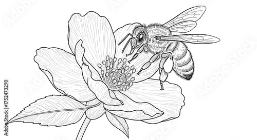 A detailed line drawing of a bee perched on a flower with visible stamen and petals
